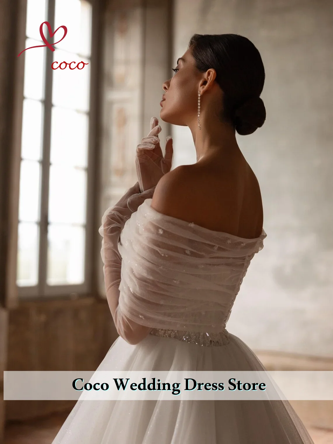 Customized ElegantOff Shoulder Bridal Ball Dress Princess sequins Lace Tight corset Long Sleeve Bridal Dress