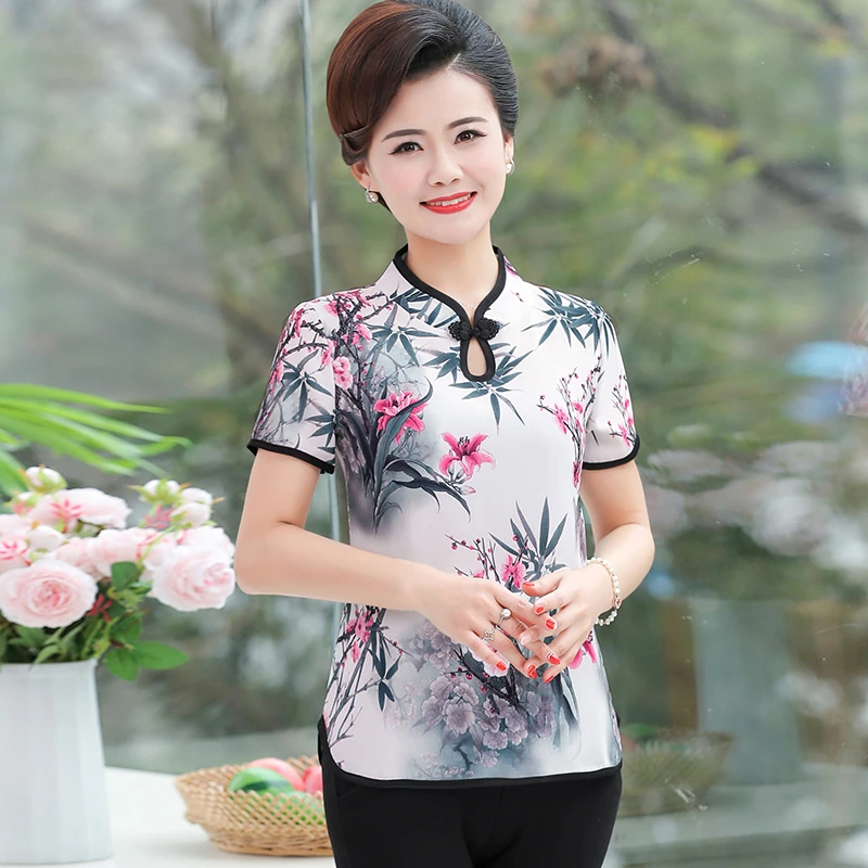 Retro Chinese Women Blouse Traditional Vintage Oblique Shirt Summer Satin Oriental Woman Tops Mandarin Collar Cheongsam