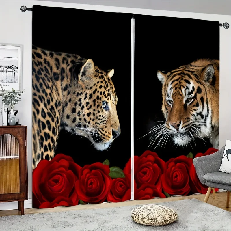 

Red Flower Wild Tiger Leopard Window Curtains Blinds For Living Room Kid's Bedroom Bathroom Kicthen Office Door Home Decor2Pcs