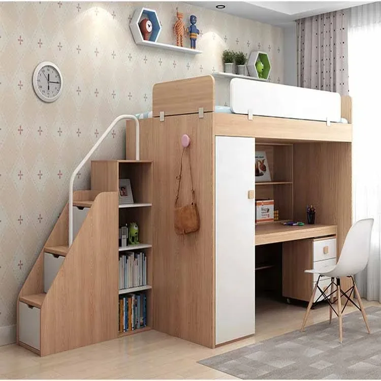 سرير خشبي بطابقين موفر للمساحة مع مكتب وخزانة ملابس، سرير متعدد الوظائف بطبقة مزدوجة مدمجة للأطفال