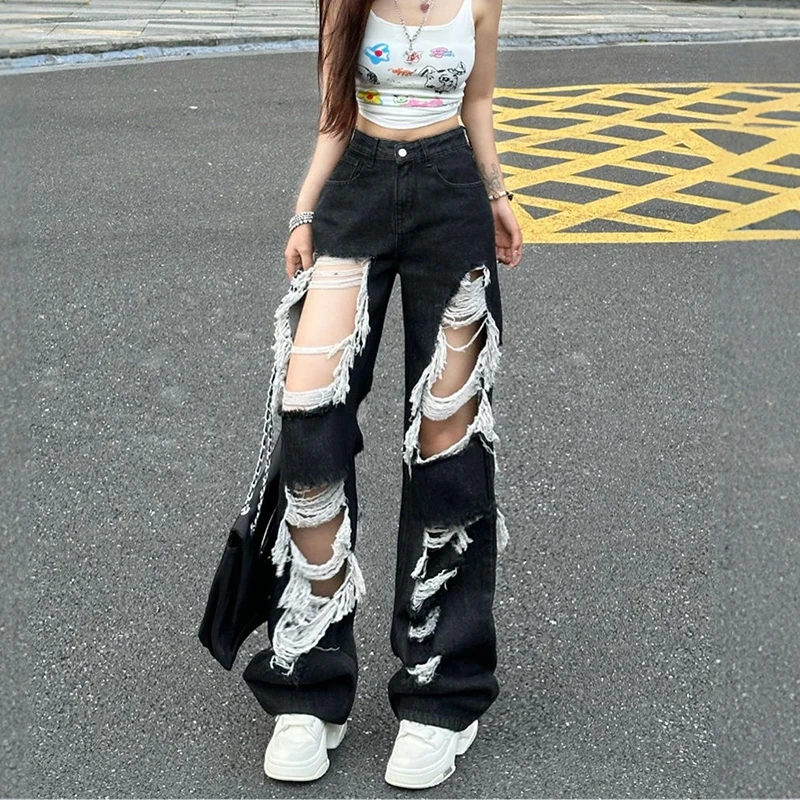 

Hole Hip Hop Jeans Women Streetwear Y2K High Waist Vintage Denim Pants American Harajuku Gothic Retro Female Black Trousers New