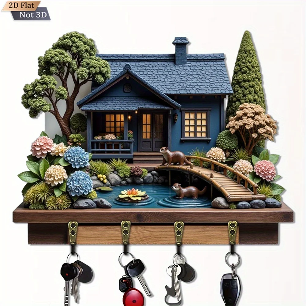 2D-Flachdesign, 1 Stück, Otter Pond Cottage Schlüsselhaken, multifunktionaler Schlüsselhalter aus Holz mit vier Metallhaken, Wanddekoration,