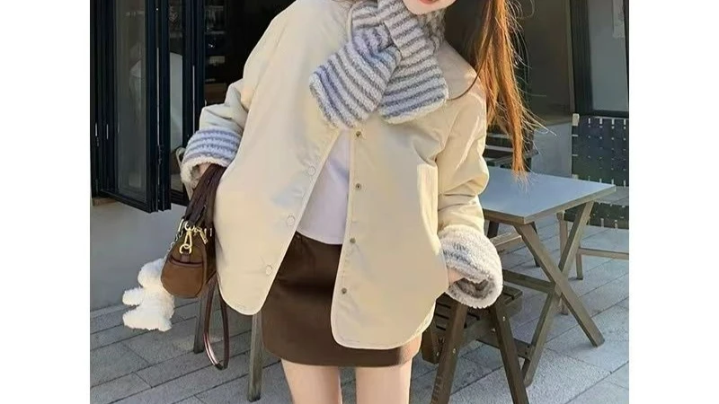 

Wearing A Cotton Jacket on Both Sides Women's 2025 Winter Thick and Loose Round Neck Blue Cotton Jacket