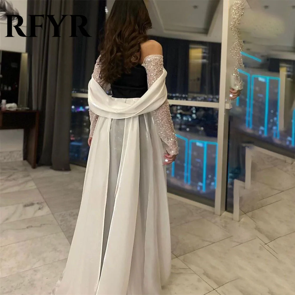 RFYR Elegant Black Evening Dress with Pleat Beach Arabic Israel Prom Dresses Off the Shoulder Formal Women Party Gown Customized