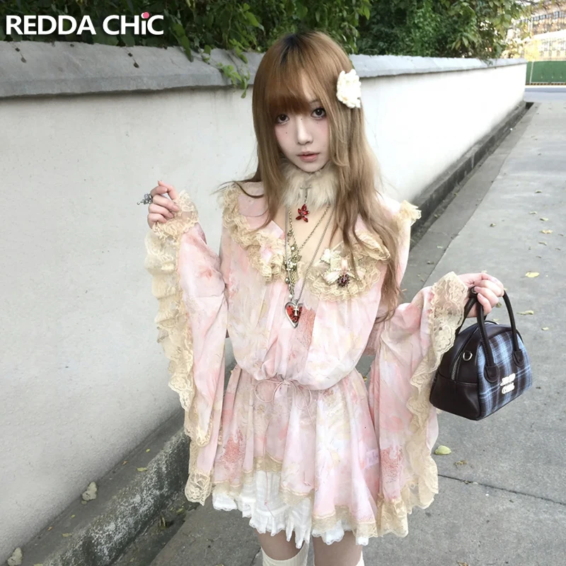 ReddaChic Stitch Lace Ruffled Blouse Lolita Cutecore Thin Floral Long Flare Sleeve Bandage Loose Flowy Top Vintage Woman Clothes