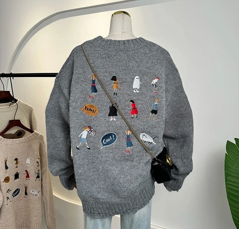 

Мягкий свитер с американской вышивкой для женщин, осень-зима, корейские свободные пуловеры с круглым вырезом, вязаные топы с длинными рукавами