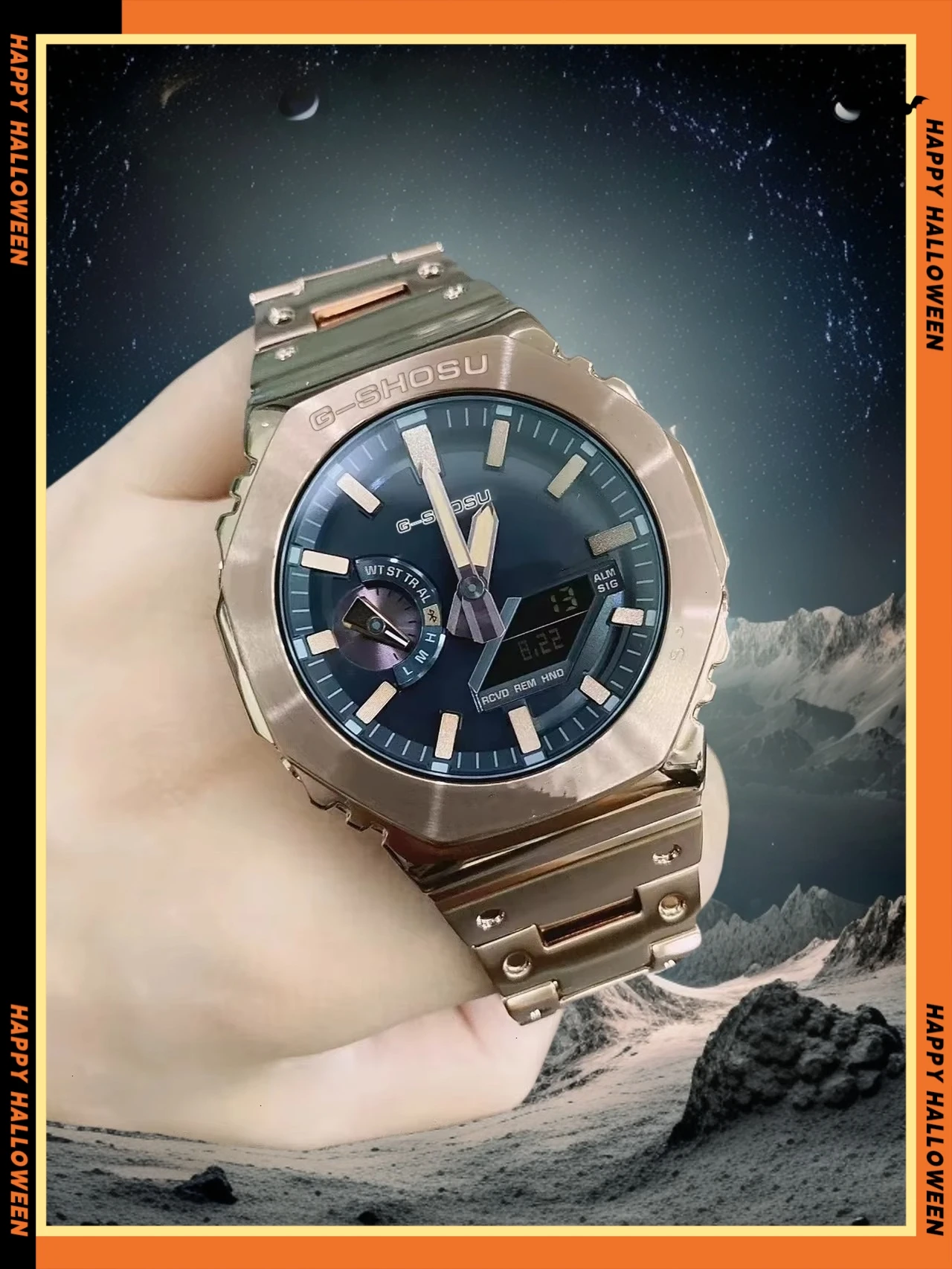 

Электронные часы унисекс, полностью цифровая спортивная функция, светодиодный сплав, большой циферблат, мировое время, стальной ремешок, серия GMB Oak