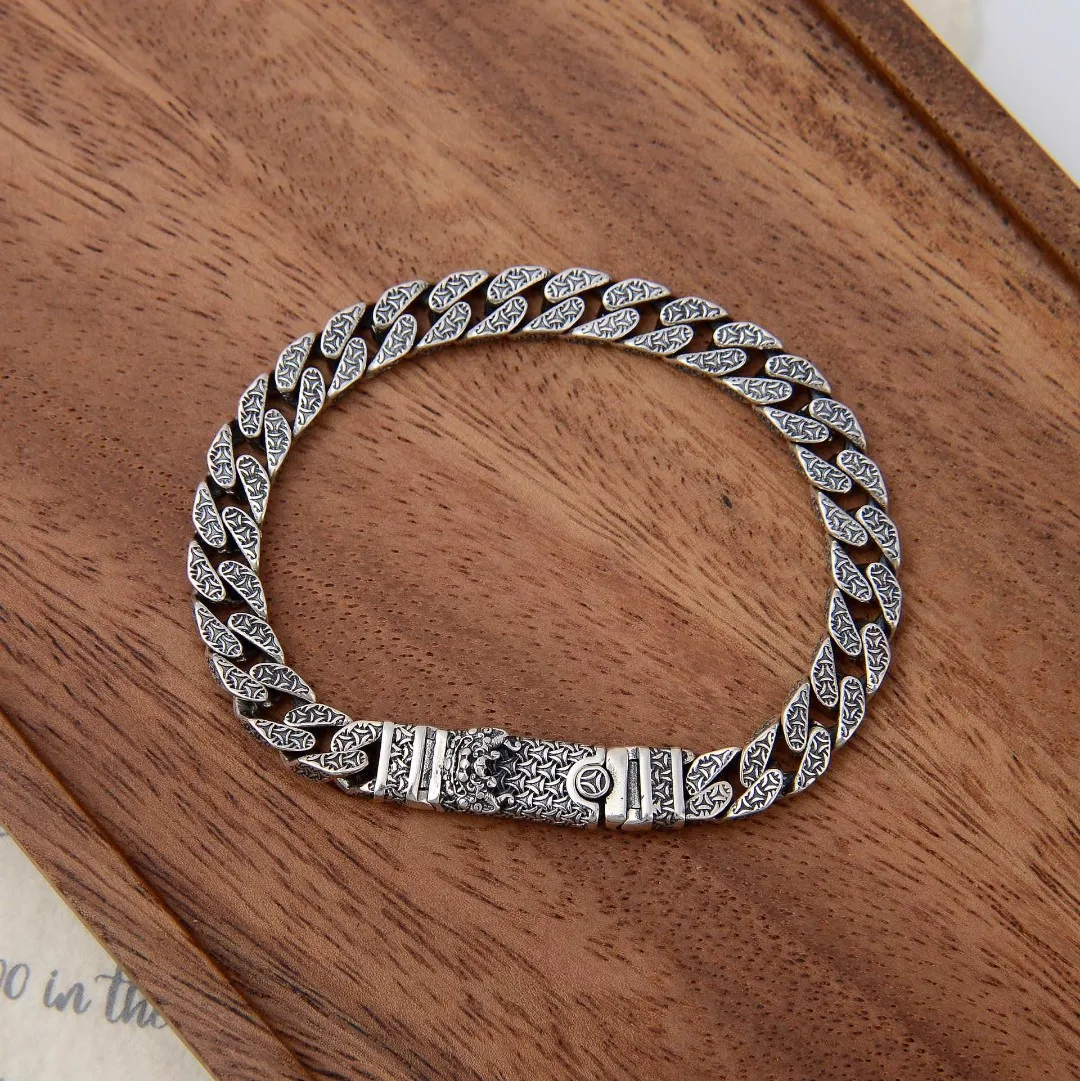 

silver Tang Dynasty lion dance bracelet personality mountain pattern nail pattern Cuban chain fashion men retro silver bracelet