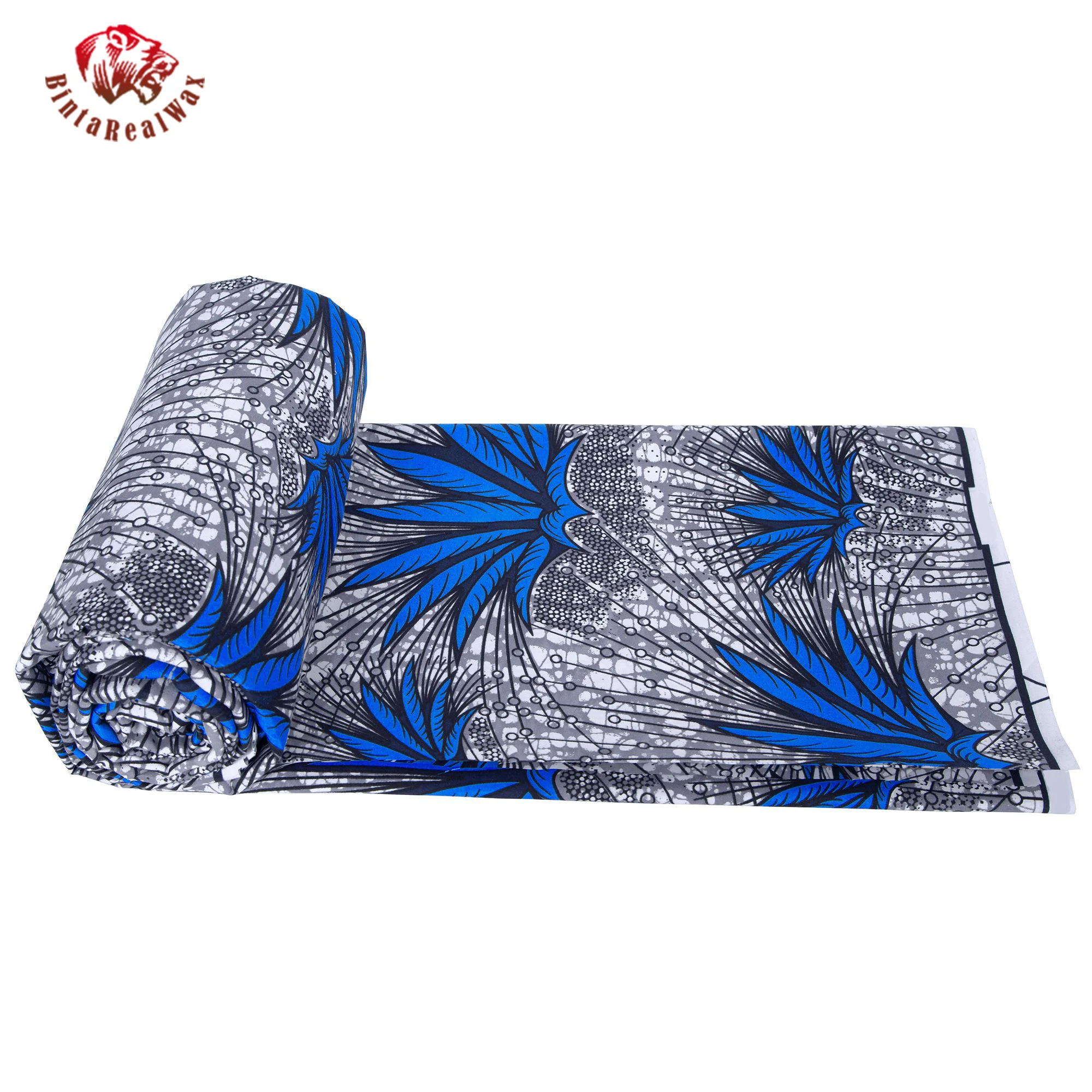 African Ankara Wax Print Fabric – Blue Floral Pattern with Gray Background,  for Dress, Skirt, Headwrap & DIY Sewing FP6704 view 5