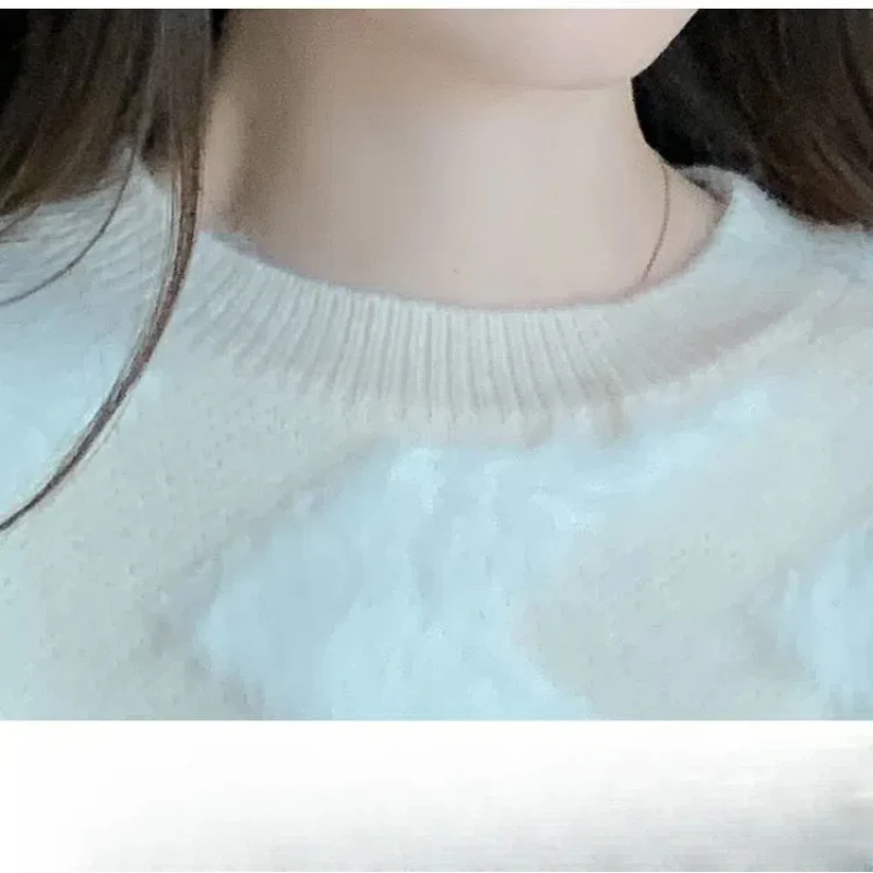 Office Lady Autumn Winter Lantern Long Sleeve Round Neck Flocking Sweater Knitted Pullover Women\'s Clothing Contrast Color Tops