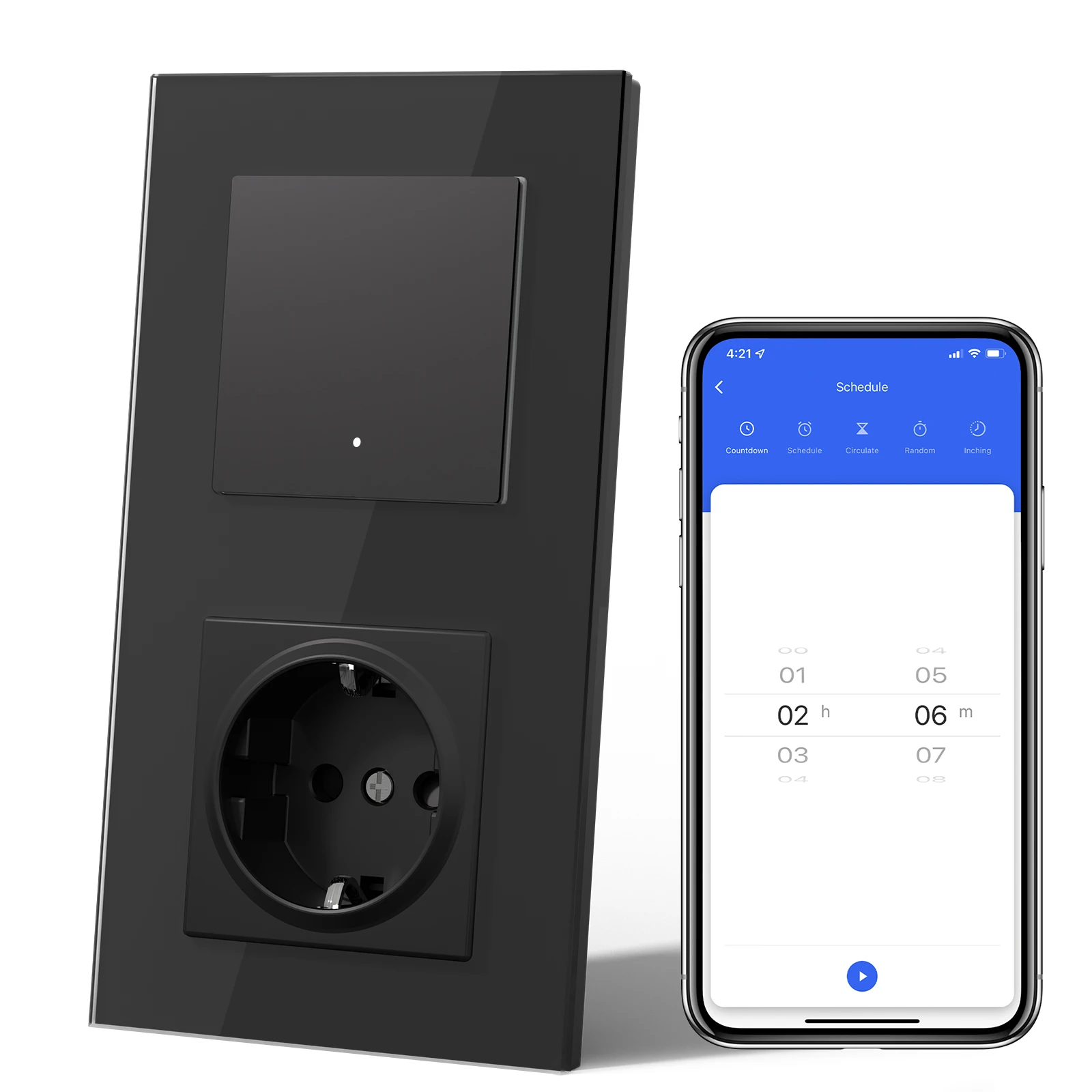 BSEED E-Serie WLAN-Klick-Wandschalter Smart 1-fach 1/2/3-Wege Lichtschalter mit Normaler Steckdose Gelbe Hintergrundbeleuchtung Schwarzer Glasrahmen EU-Standard Tuya App-Steuerung