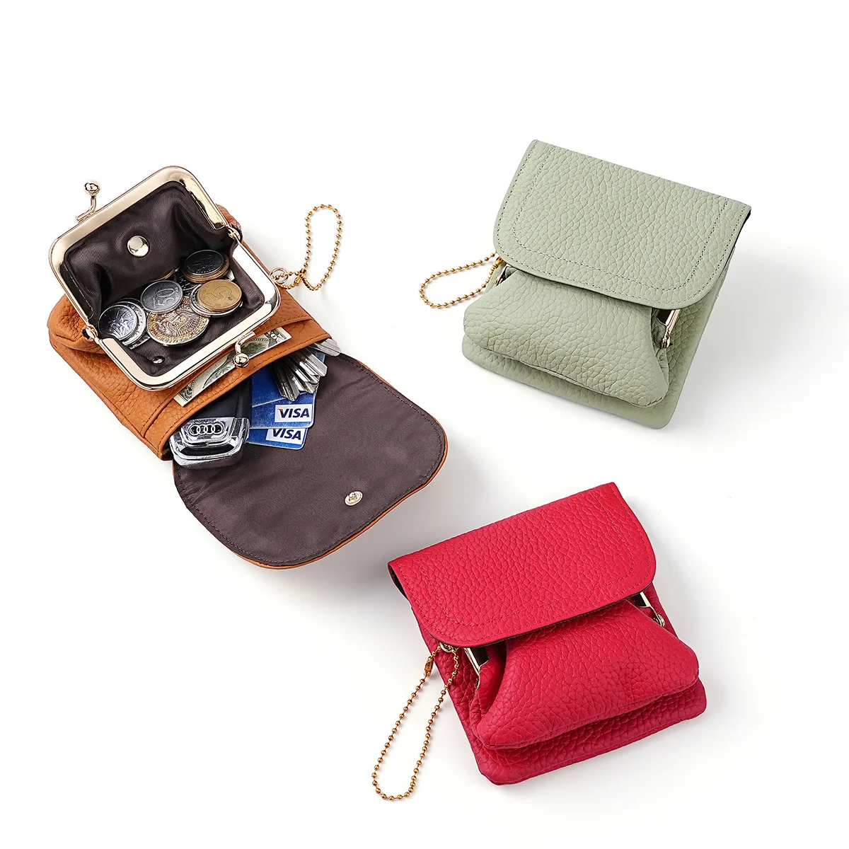 Fashion Mini Genuine Leather Jewelry Coin Bag,Kiss Lock Frame Top Grain Cowhide Purse for Ladies Jewelry and Loose Change Wallet