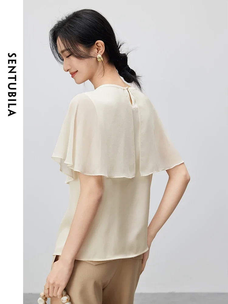 SENTUBILA French Hollow Blouse for Women 2024 Summer Chiffon Pearl Decoration Flying Sleeve Elegant Simple Shirt 142V54885