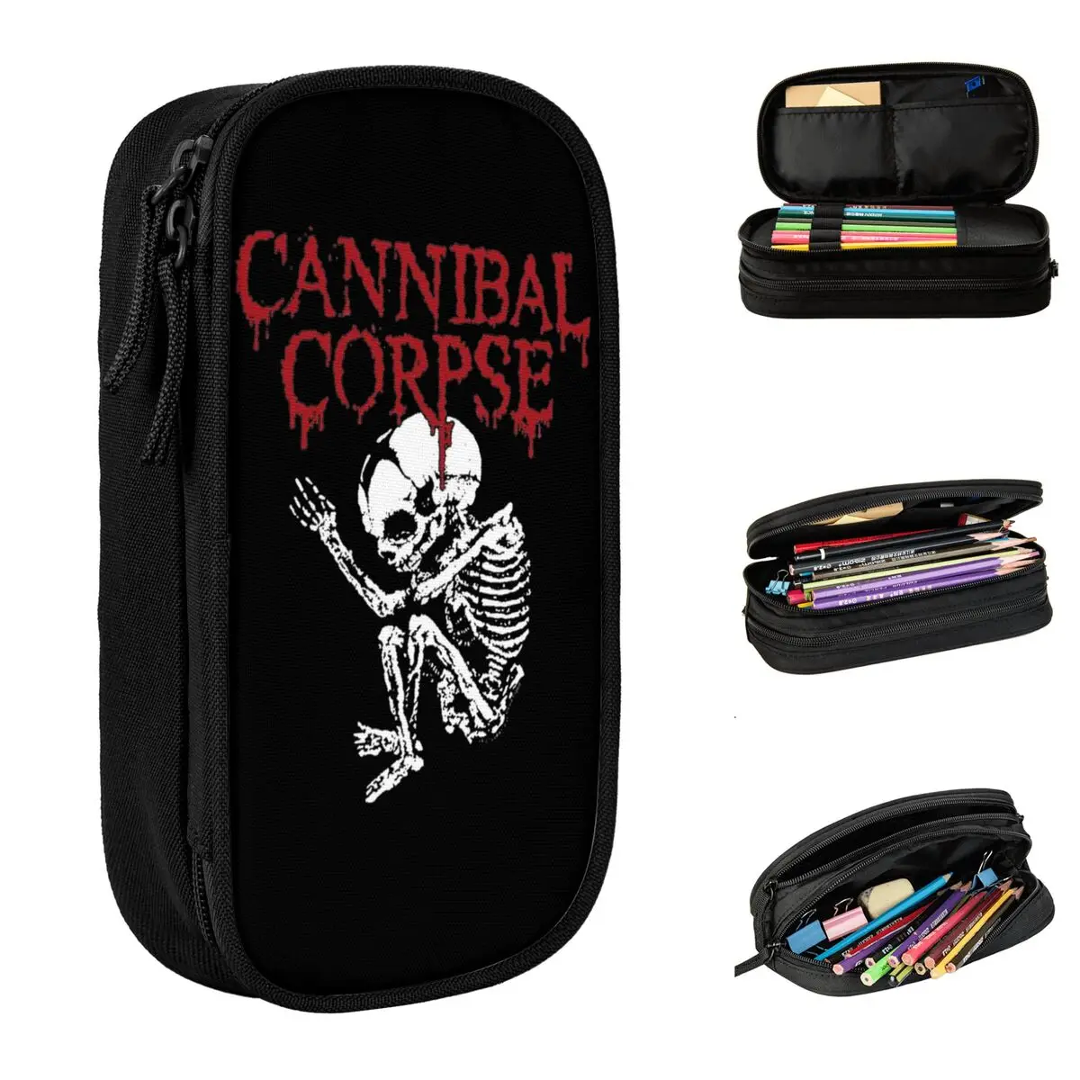 grande capacidade lapis case banda cannibal corpse metal music office acessorios dupla camada lapis menina maquiagem bolsas 01