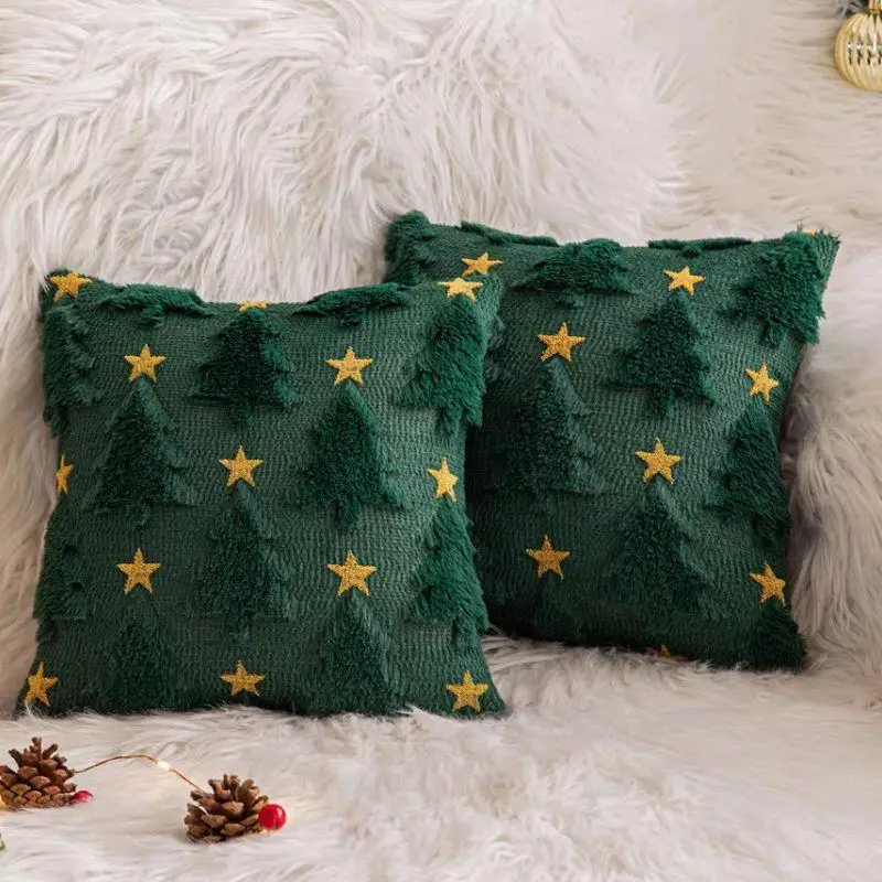 1PC Christmas Tree Square Throw Pillow Cases Snowflake Shaggy Plush PillowCases Embroidered Sofa Cushion Cover Home Decor 45*45