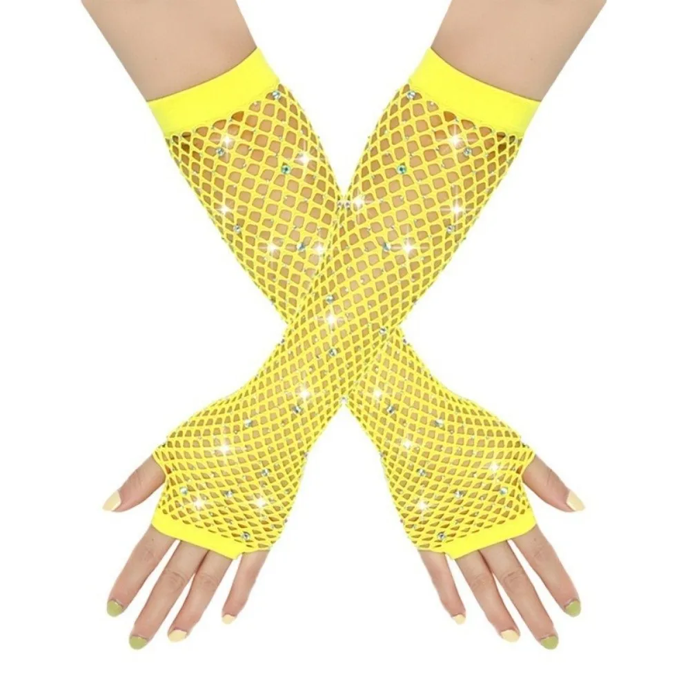Party Elastic Rhinestone Gloves Black White Punk Fishnet Fingerless Gloves Gothic Style Shiny Long Gloves Women's Fashion
