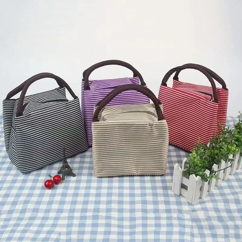 

Handheld Insulated Bag with Thick Stripes Lunch Box Bag Ice Pack Student Office Worker Lunch Box Bag Outdoor Picnic Bag