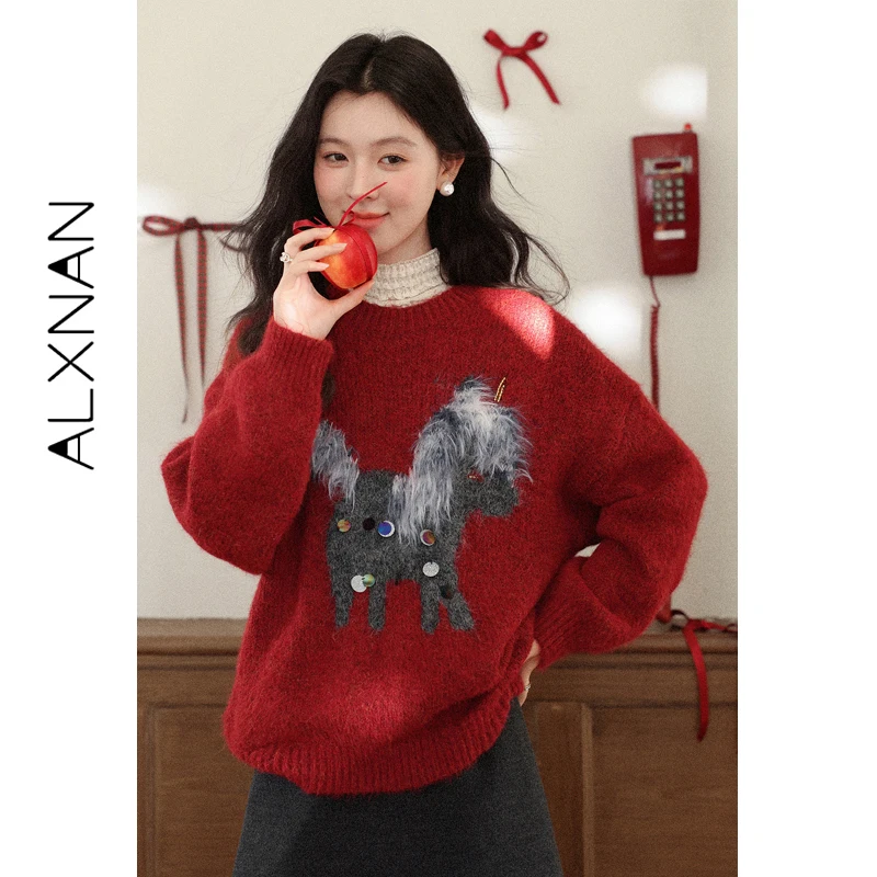 

ALXNAN Christmas Red Lucky Horse Embroidered Women's Sweater 2026 Casual Elegant Pullover Spring Long Sleeve Knit Tops L60619