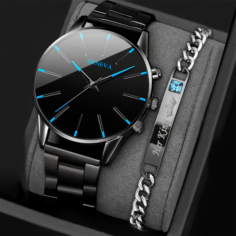 New Men's Cool Blue Dial and Jewelry Set, Precise Timing, Fashionable Men's Gift Watch (No Box)