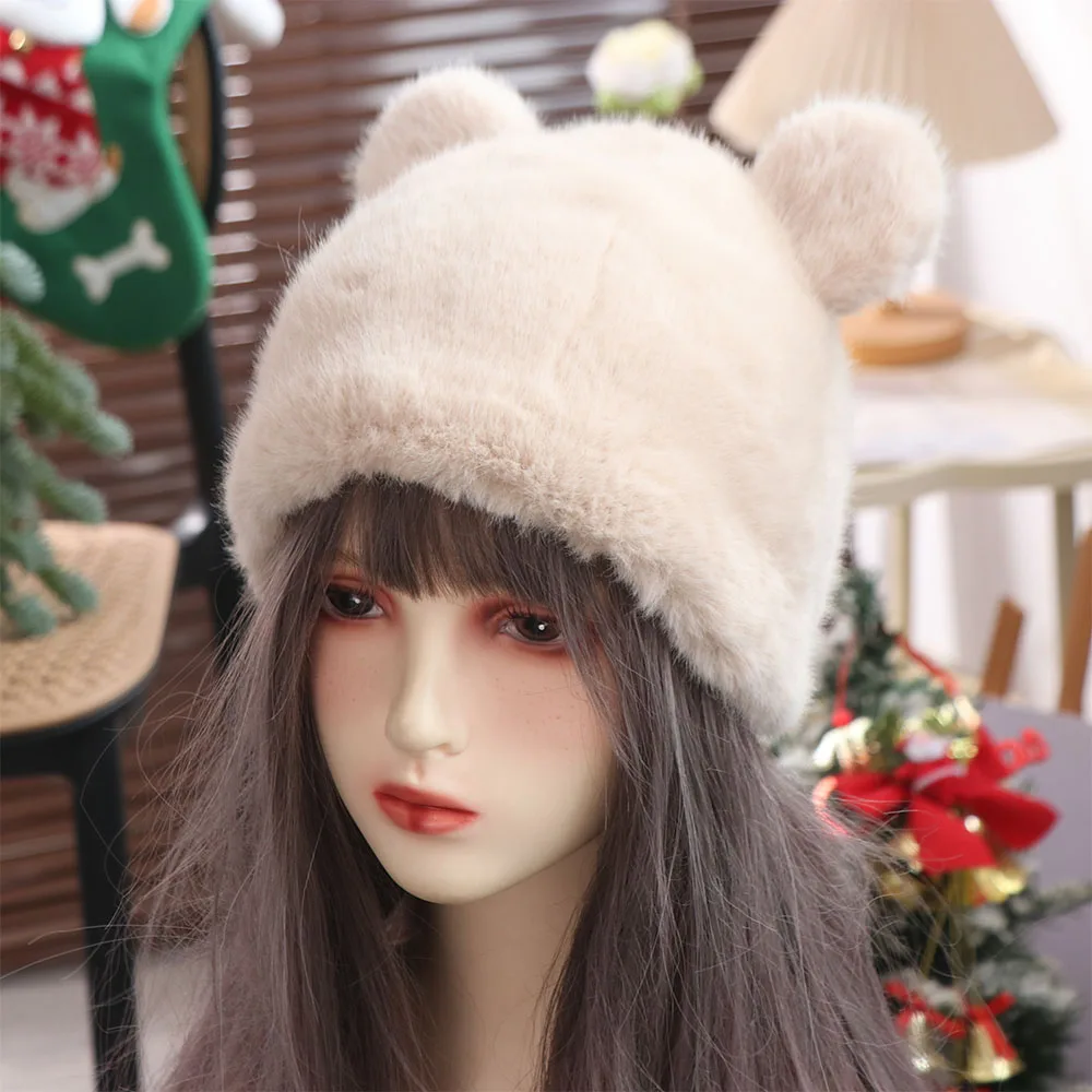 لطيف الشتاء فو الفراء قبعة رقيق عارضة الدب الأذن قبعة حماية الأذن الدافئة المرأة قبعة صغيرة القبعات الفتيات