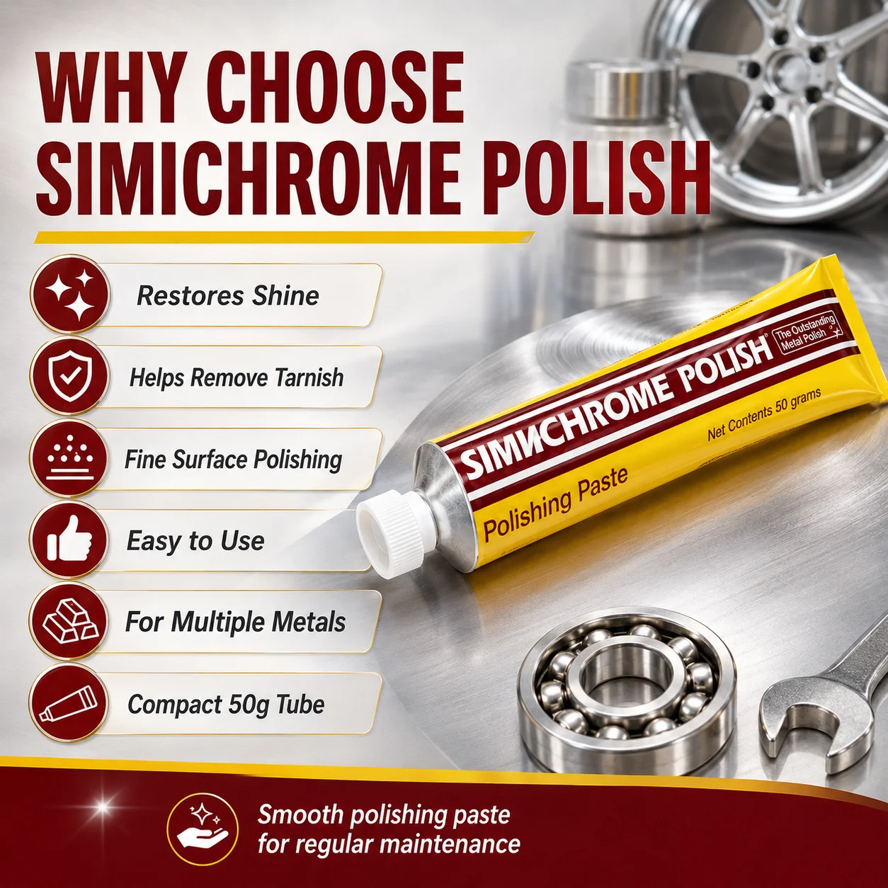 Simichrome Metal Polish Paste 70ml Scratch Tarnish Remover Mirror Shine Cleaner for Chrome Aluminum Brass Silver