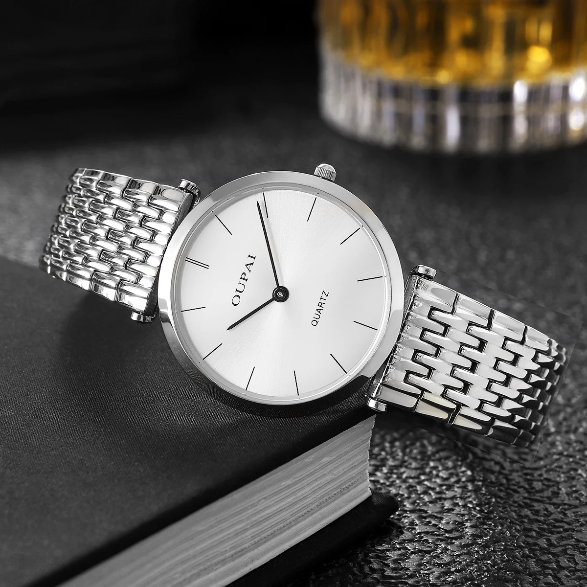 Oupai Men's Watch slivery Round Thin 6mm Thickness Dial Stainless Steel Strap Quartz Movement Daily Classic