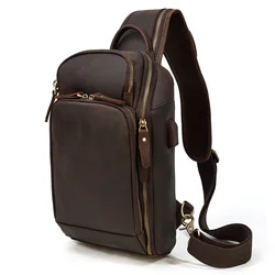 Bolso de pecho de cuero de alta calidad para hombre, bolsa cruzada de diseño informal, bolso de pecho de cuero genuino, bolso de un solo hombro para hombre, USB