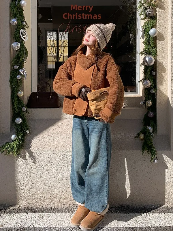 Thiened ort Lamb Fur Jaet Women's Stand Collar Leather And Fur Inteated Autumn And Winter New Sle Small Size Warm Top