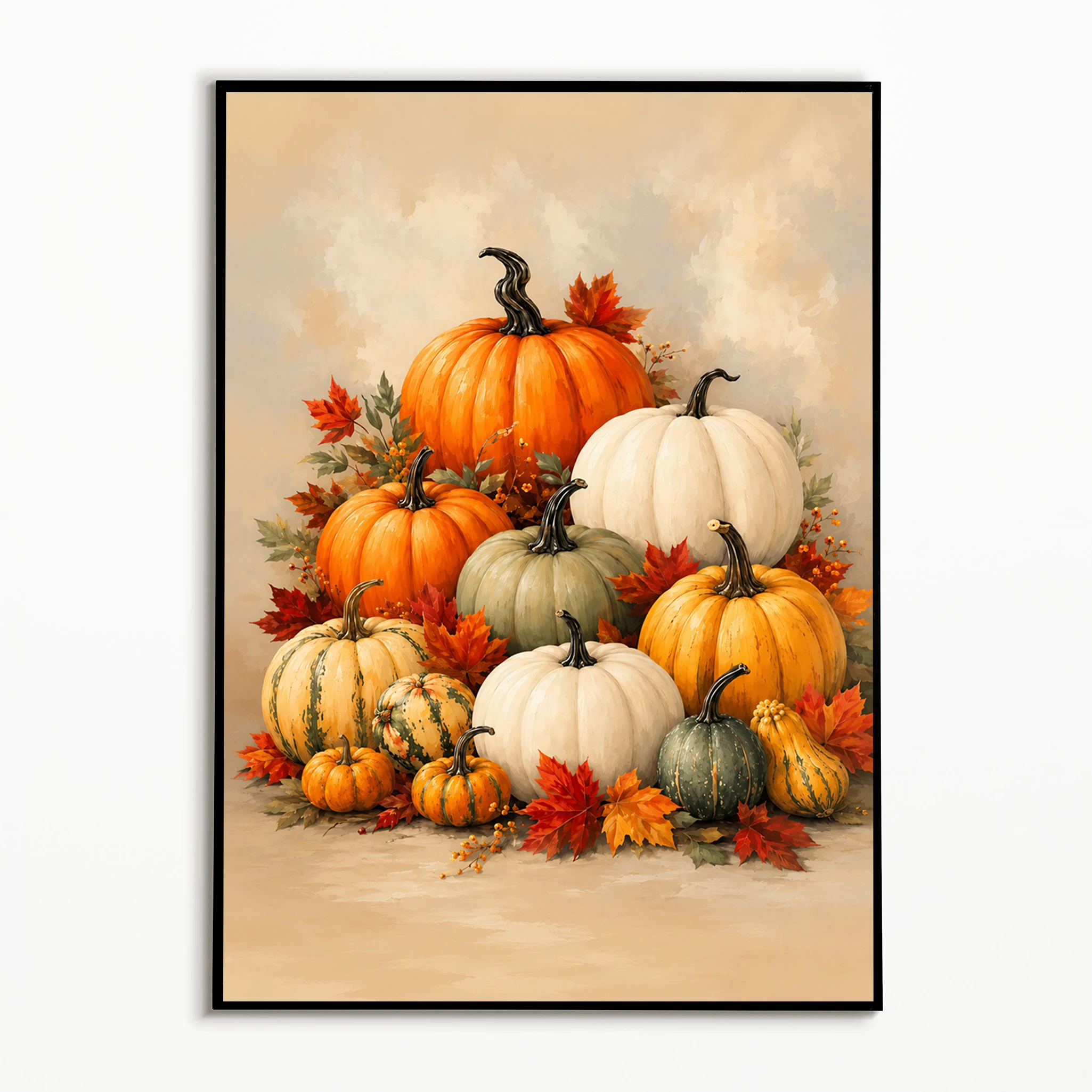 1PC Autumn Colorful Pumpkin and Maple Leaf Poster Thanksgiving Harvest Wall Art Retro Halloween Decor Canvas Printing Fall Gift