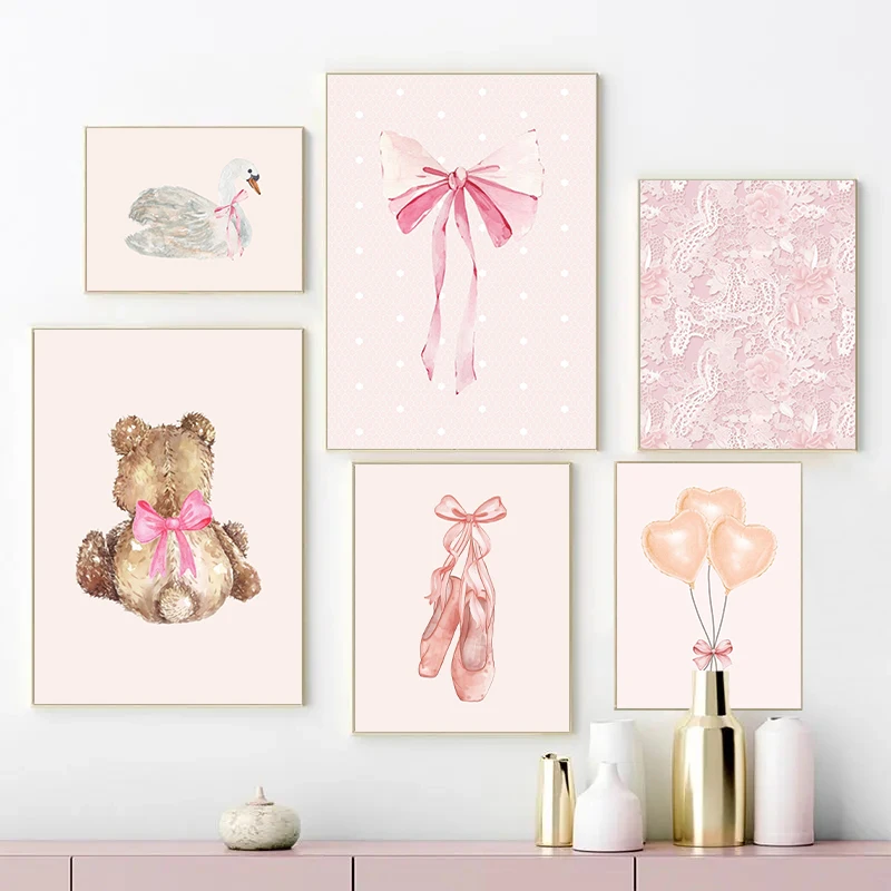 Pink Bow Balloons Swan Teddy Bear Cherry  Posters Prints Canvas Printing Wall Art Picture for Living Room Home Decor