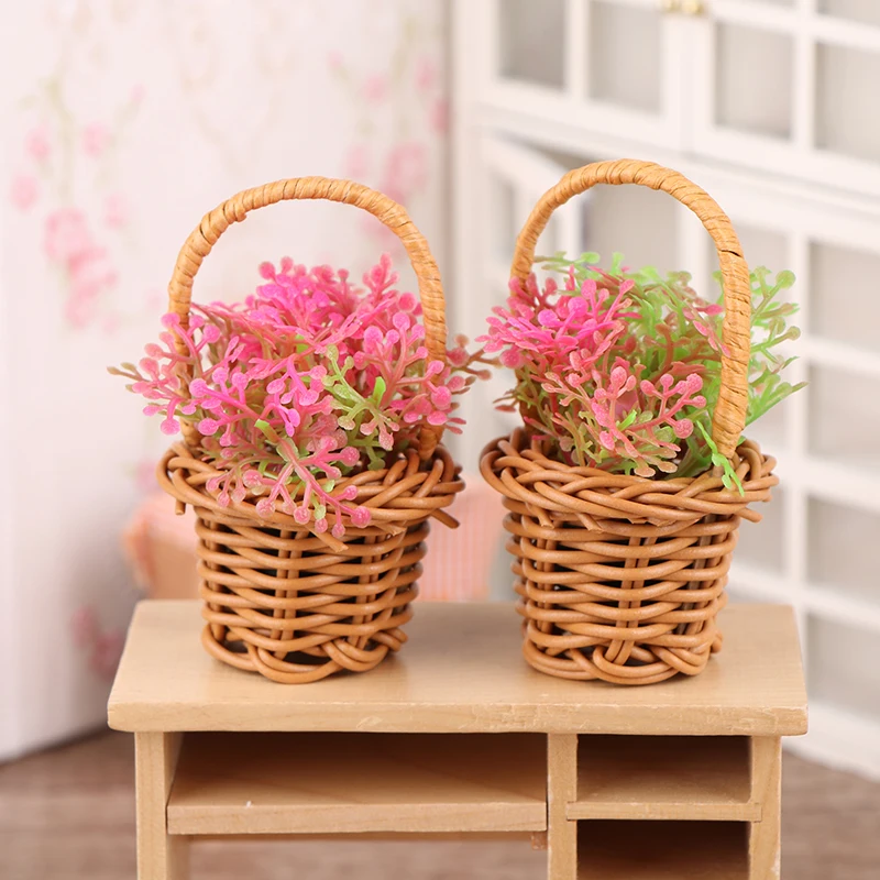 Cesta de flores tejida en miniatura para casa de muñecas, cesta de mano, muebles, accesorios de escenas de decoración, juguetes de juego de simulación, 1 Juego