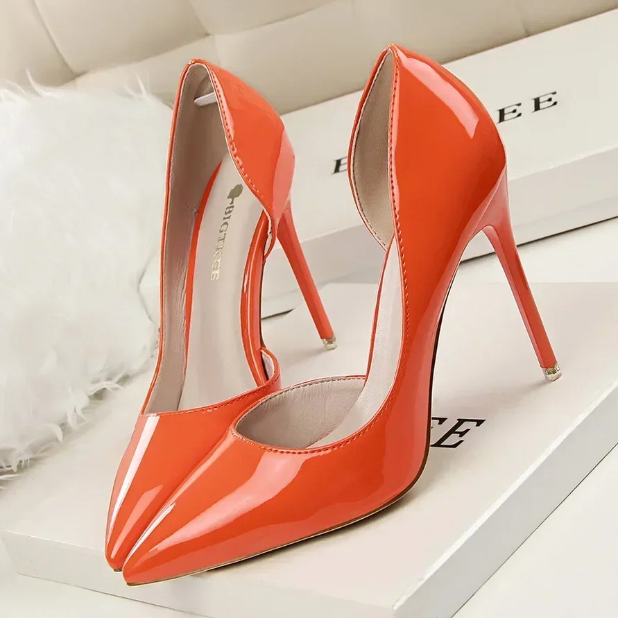 Women Party 7.5cm 10.5cm High Heels Office Patent Leather Pumps Lady Stiletto Low Heels Scarpins Cutout Elegant Orange Red Shoes