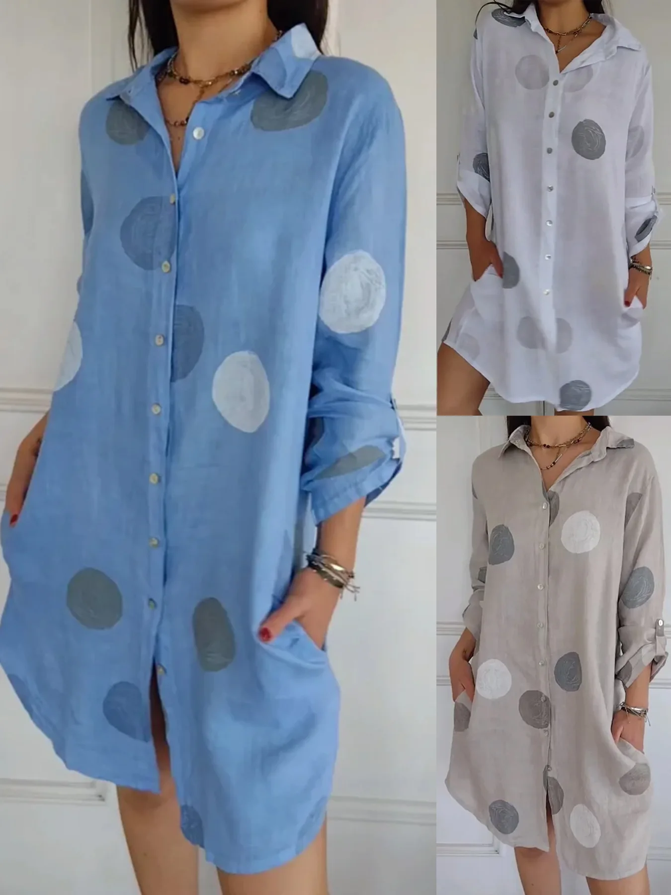 Vestido camisero estampado con botones elegante y cuello en V de manga larga para mujer otoño 2025