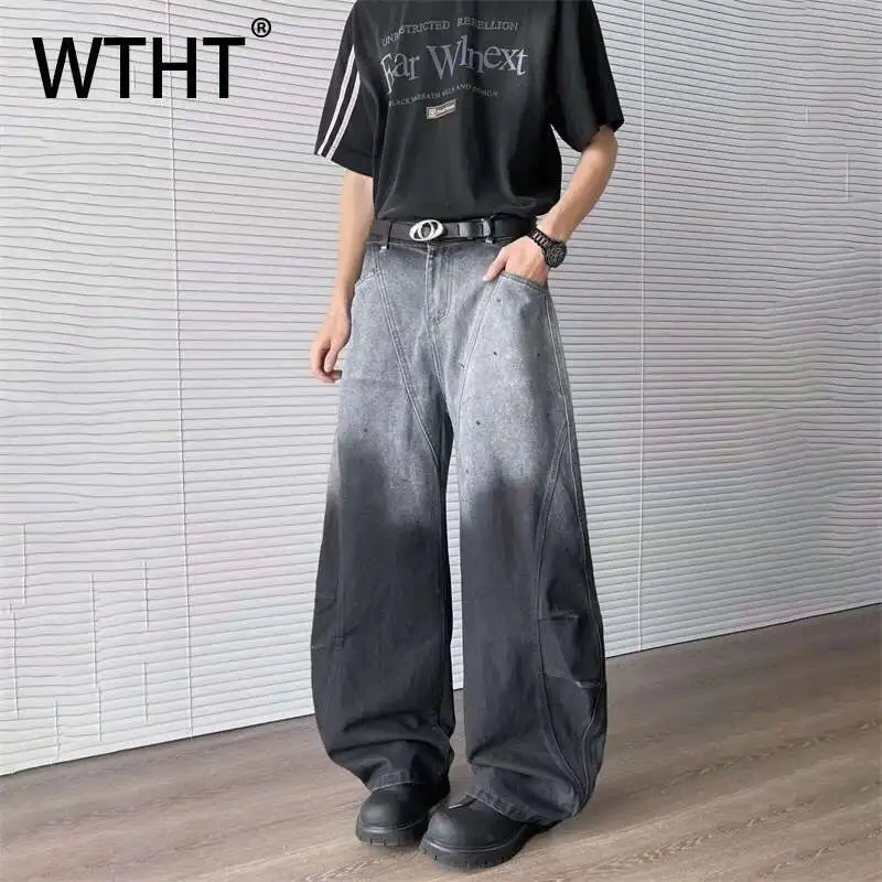 WTHT Vintage Men's Contrast Color Irregular Patchwork Denim Pants Fashion High-waisted Loose Casual Jeans Male Summer 2A0019