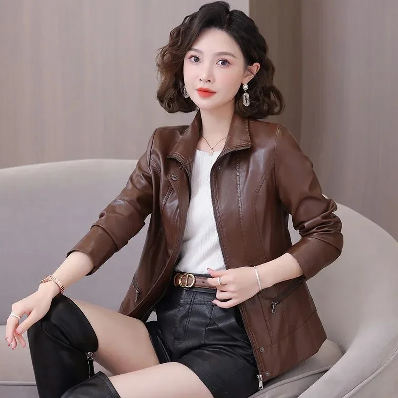 Damski płaszcz skórzany 2025 nowa kolekcja wiosna jesień wiatroodporny wodoodporny wysokiej jakości kurtka PU damska krótka odzież wierzchnia modny płaszcz