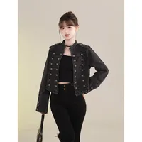 Vêtements pour femmes manteau court nouvelle veste en jean rétro bouton conception mince col montant manches longues haut en jean veste manteau court 4