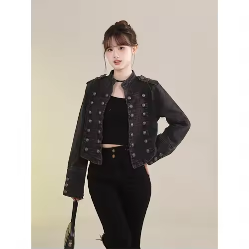 Women's Clothing Short Coat New Jeans Jacket Retro Button Design Slim Stand-up Collar Long Sleeves Denim Top Jacket Short Coat - Image 4
