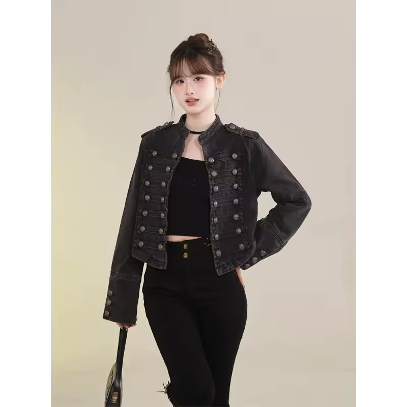 Women's Clothing Short Coat New Jeans Jacket Retro Button Design Slim Stand-up Collar Long Sleeves Denim Top Jacket Short Coat - Image 4
