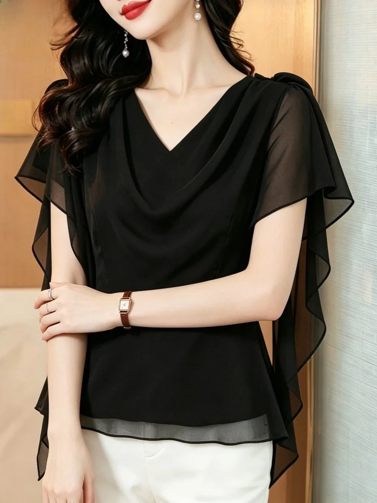 Elegant Black Short Sleeve Mommy Summer Fashion High End Women's Chiffon Shirt Stylish Belly Covering Top Ladylike Commute Style