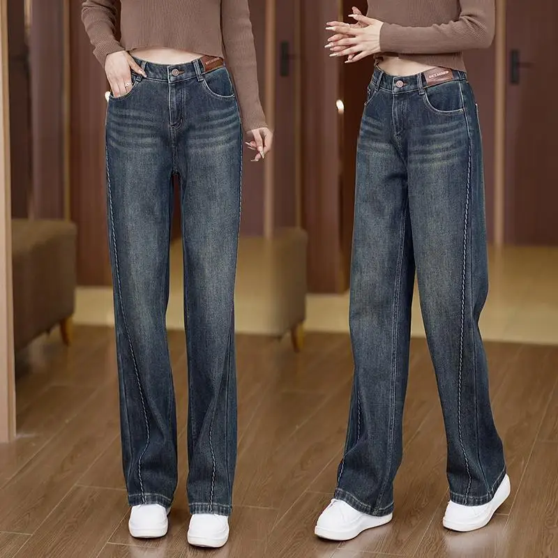 Jeans imbottiti in pile da donna invernali di fascia alta a vita alta ispessita versione stretta pantaloni a gamba larga stile autunno e inverno da donna