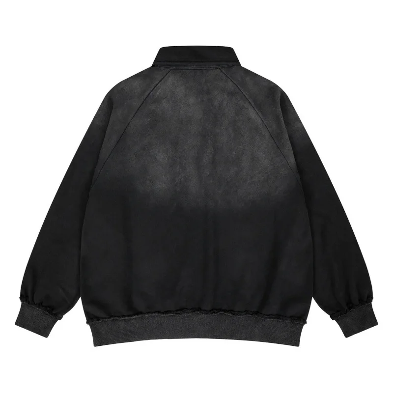 Y2k Autumn Winter New Mens Loose Casual Polo Sweatshirt Retro Washed Black Sporty Top
