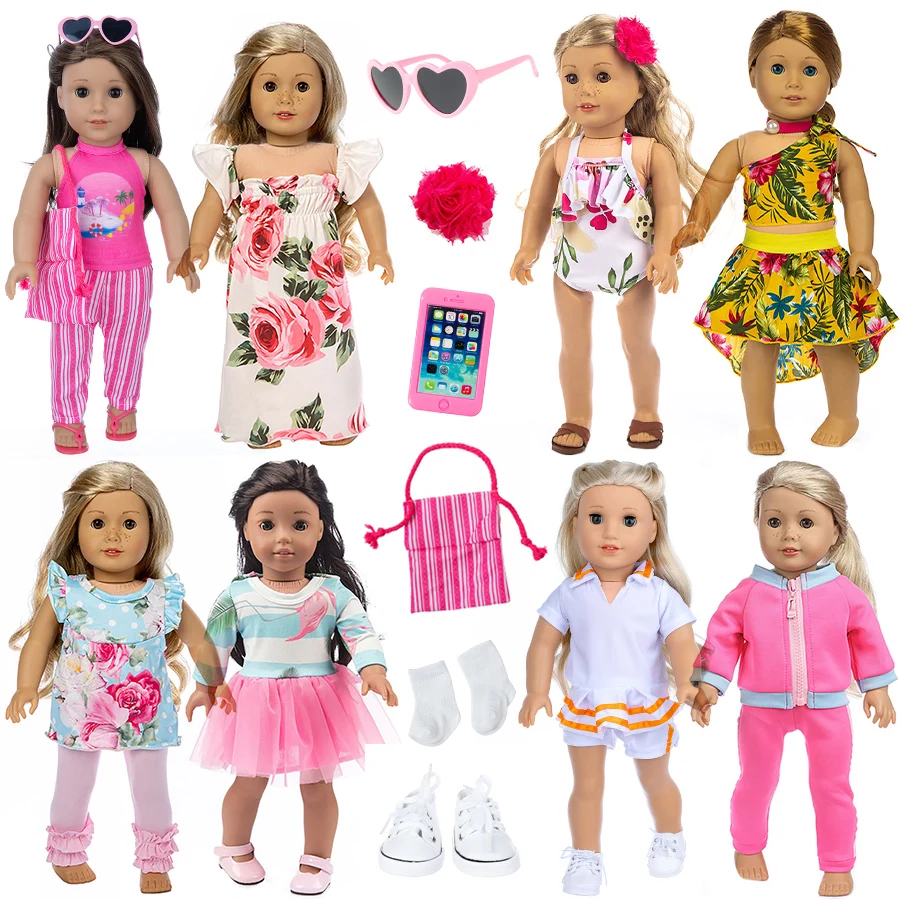 Doll Clothes Dress Set for 18Inch Girl American Reborn Doll T-shirt+Bow Skirt Sunglasses Sports Clothes Shoes Girl's Toys Gift