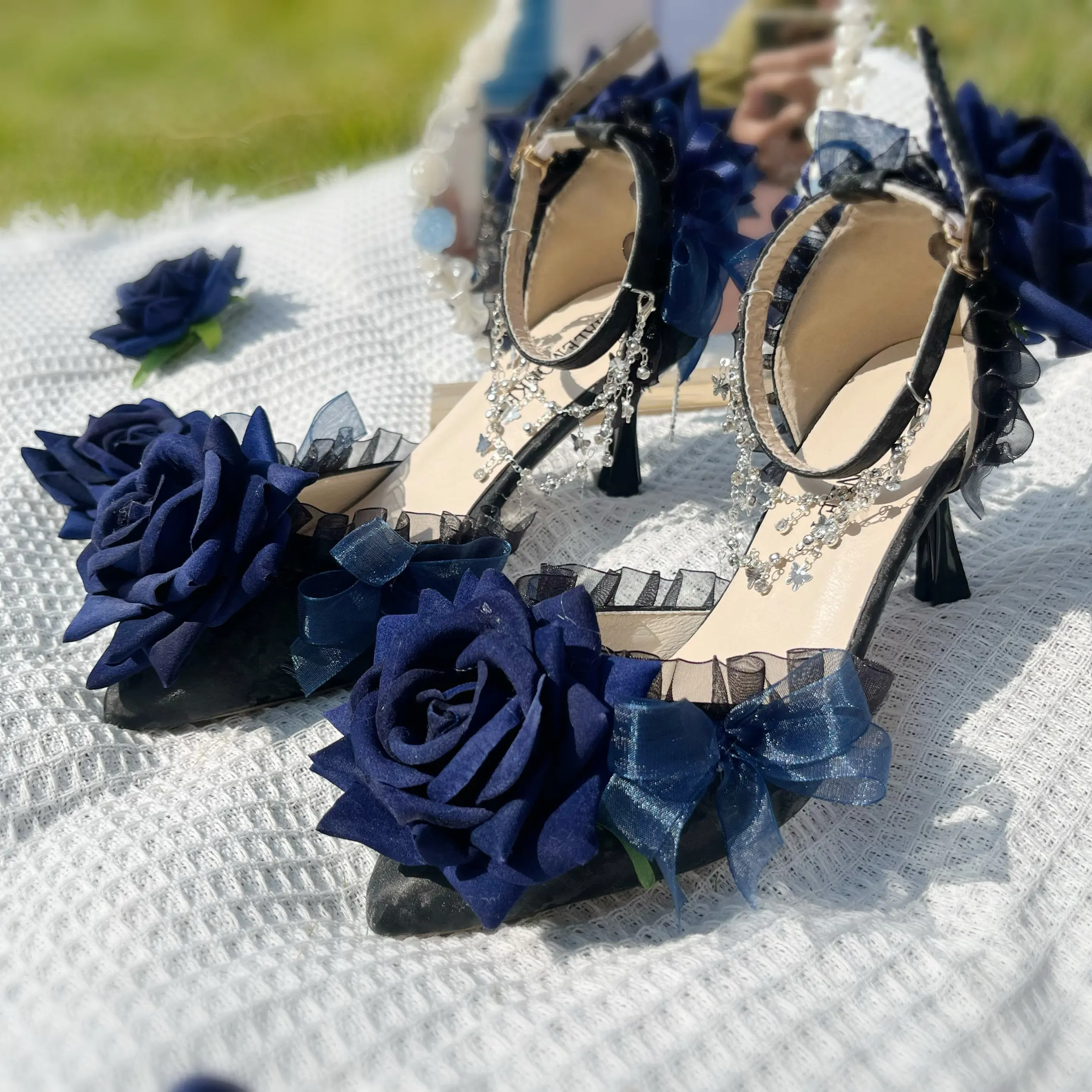 Dark Blue Rose Gothic Lolita Stiletto Heels Pointed Toe Women's Ruffles Lace Victorian Harajuku Fashion Pumps Party Prom