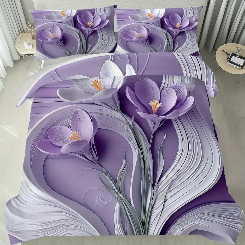 3pcs Bedding Set Purple Flowers 3D Printed Cozy Soft Duvet Cover King Queen Twin Size Birthday Gift for Adult Home Bedroom Decor