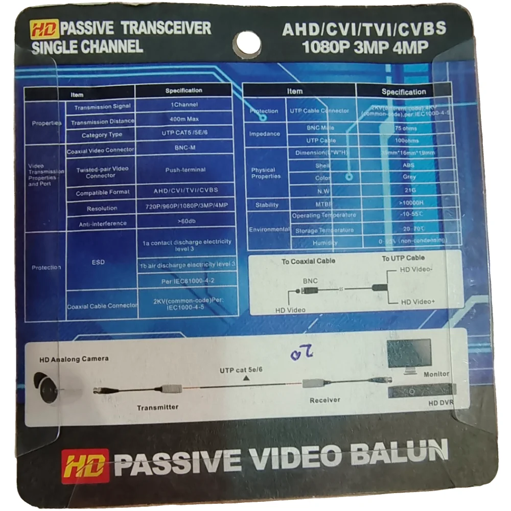 HD Passive Video Balun BNC Transceiver Cable, Twisted Pair Camera Accessories for AHD CVI TVI CVBS CCTV, 1080P 3MP 4MP