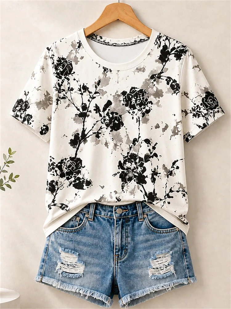 Women's Simple Floral Short-Sleeve T-Shirt Elegant Round-Neck Printed T-Shirt with A Relaxed Fit for A Casual Yet Elegant Look
