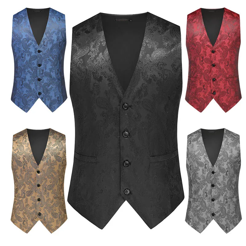 

Мужские черные жилеты в азиатском стиле, жилет без рукавов с v-образным вырезом и цветочным узором кешью, подходит для свадеб/вечеринок.