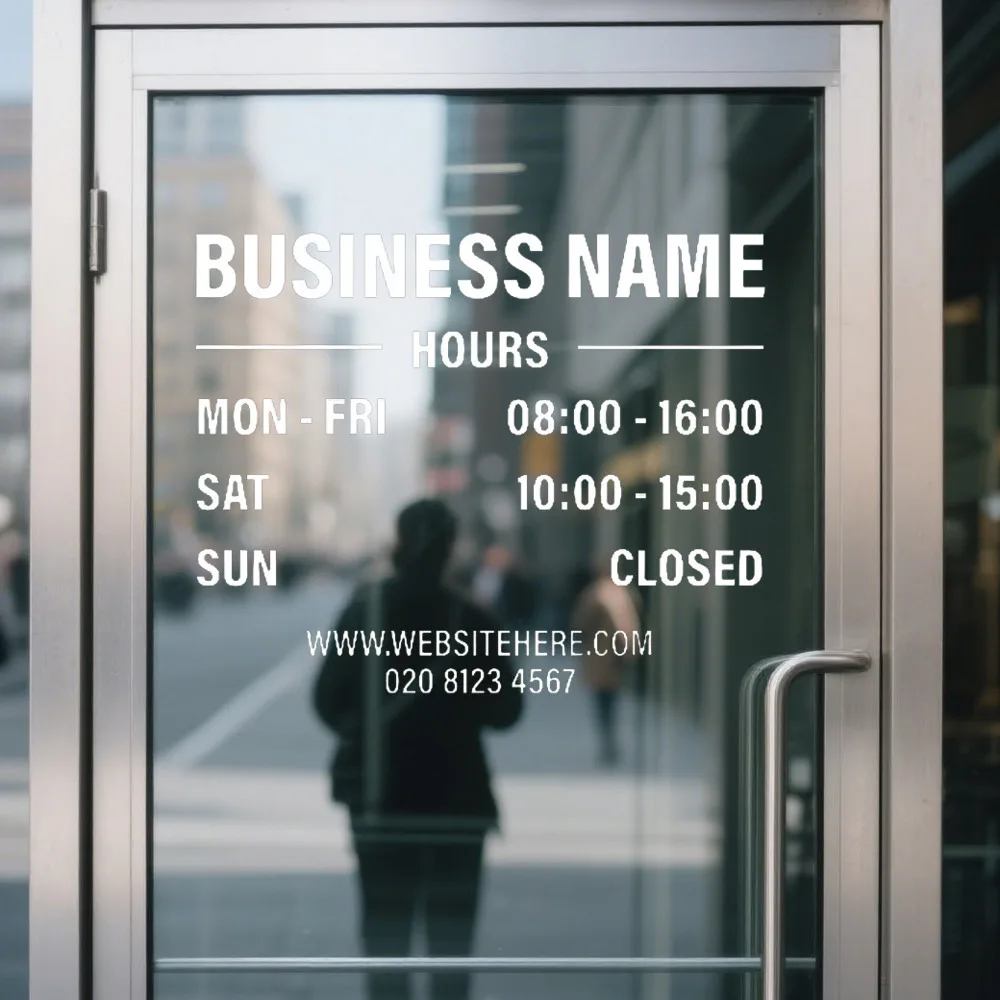 OPENING HOURS with custom business name | Shop Owner Open Closed Window Door Vinyl Sticker
