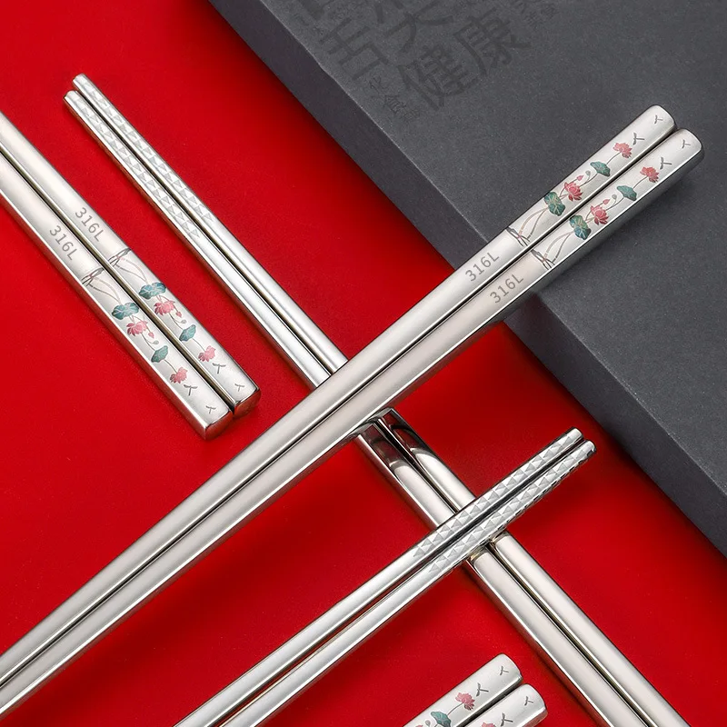 316 Stainless Steel Chopsticks Home Heat Insulation Non-slip Square Chopsticks Color Laser National Pattern Gift Chopsticks Set