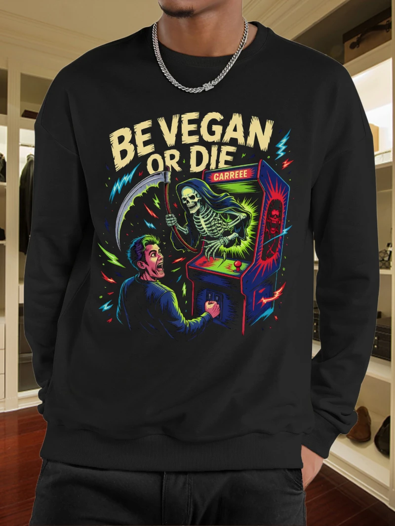 

Мужская футболка с длинным рукавом Vegan Die Arcade Game Graphic 2025 Осень Зима Толстовка с круглым вырезом для мужчин и женщин Топ